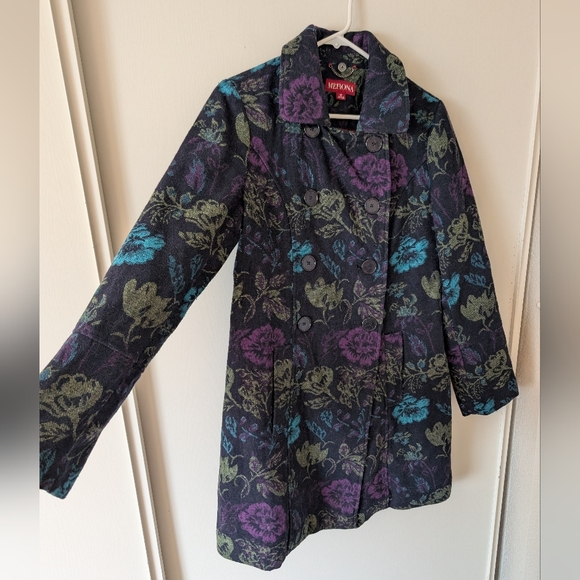 Target Merona Womens Med Long Pea Coat Purple Floral Whimsigoth Cottage Coquette - Picture 4 of 7